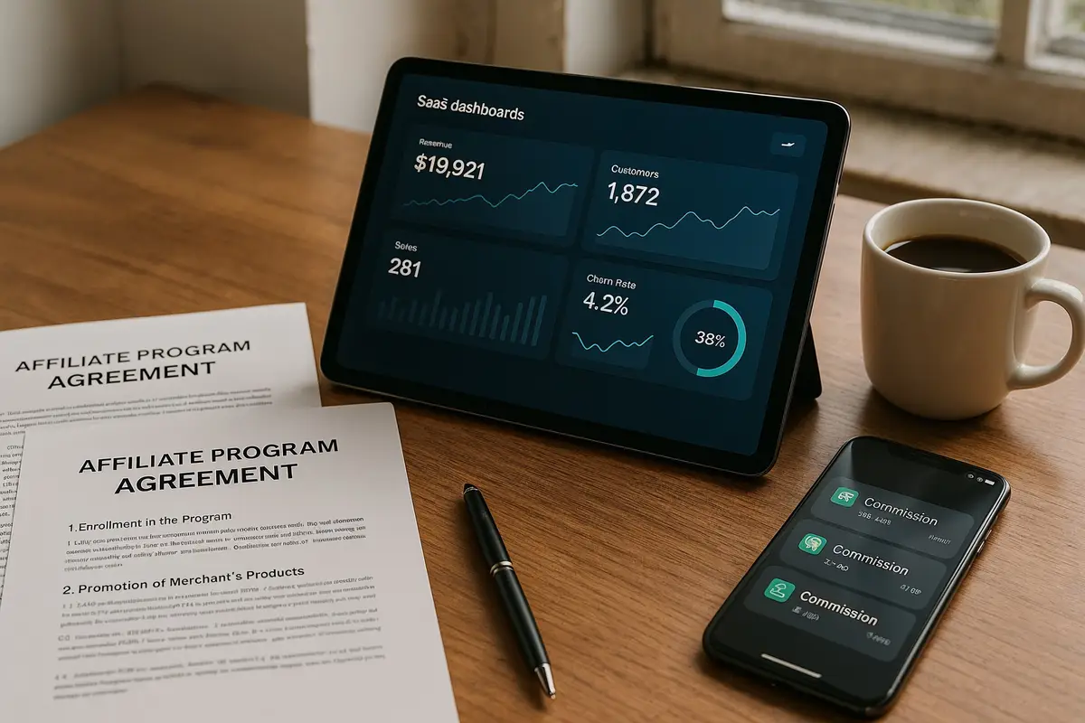 Modern workspace with digital devices and documents related to the highest paying affiliate programs in 2025