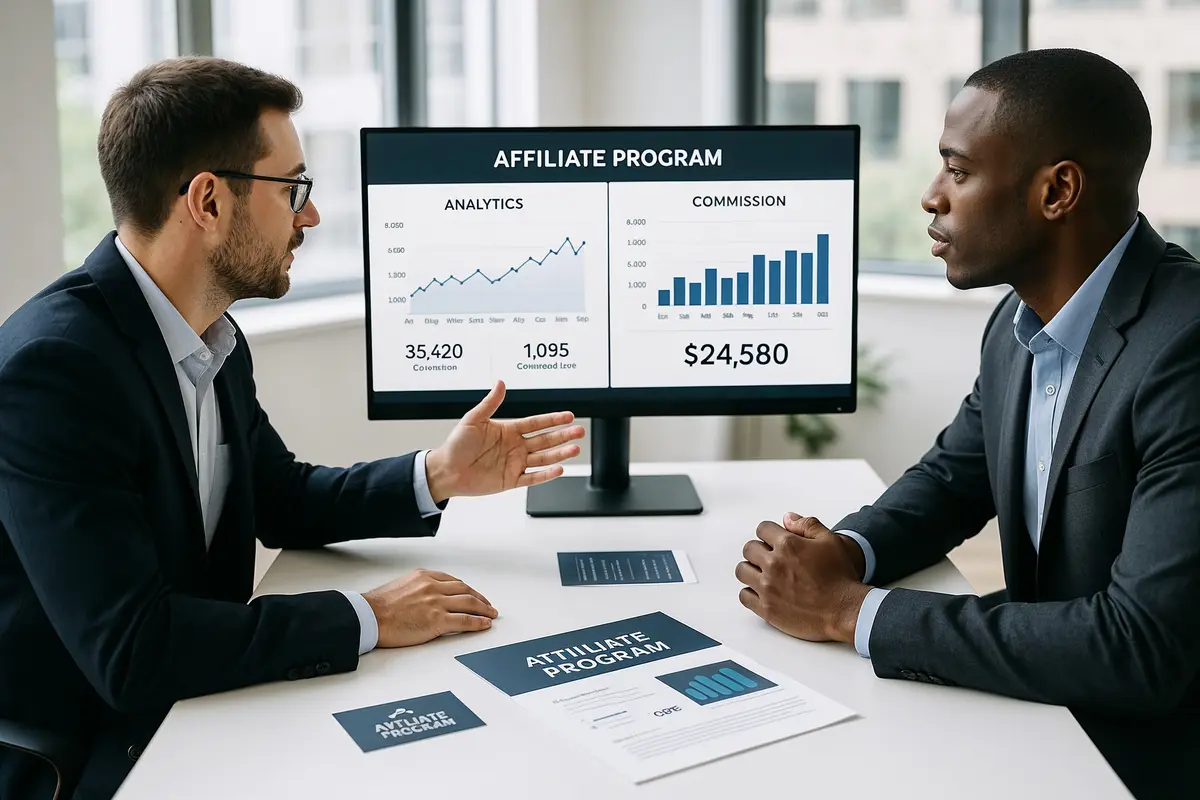 Two professionals discussing analytics and commission structures for the highest paying affiliate programs in 2025