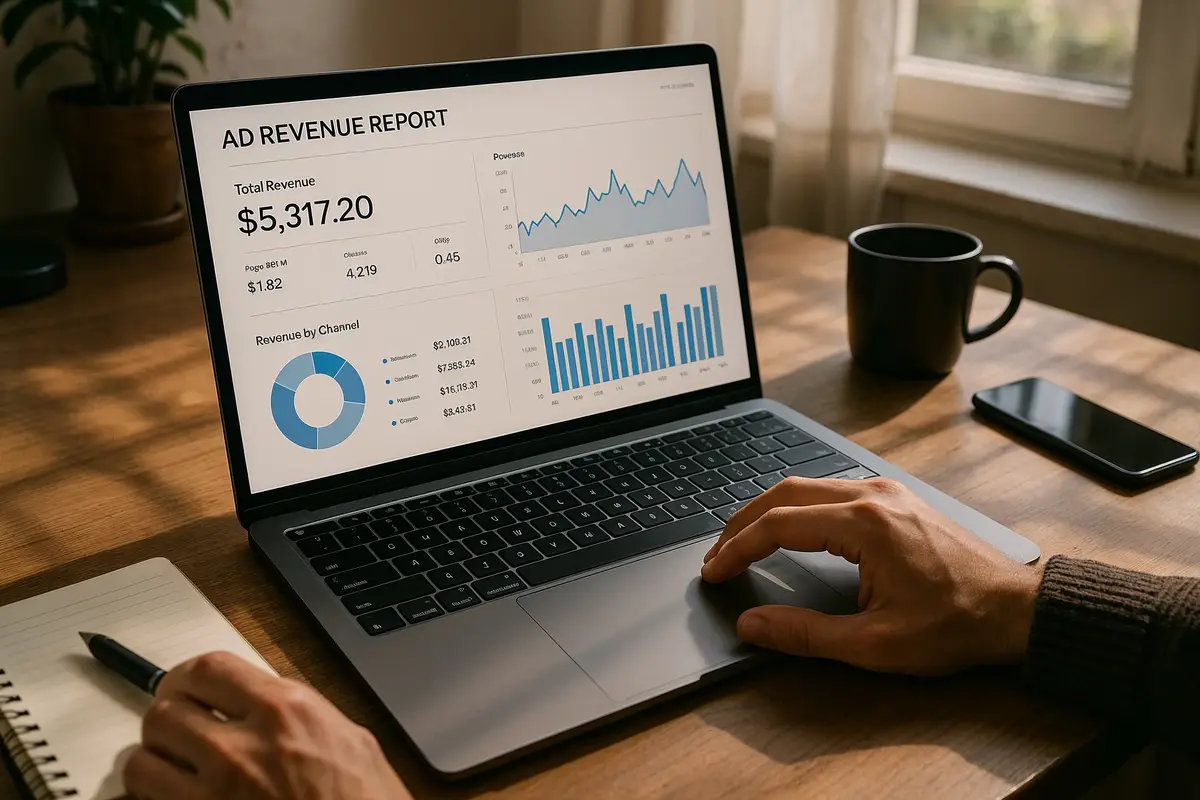 hyper realistic scene showing a blogger analyzing mediavine earnings data on a laptop, representing how much can you really make with mediavine