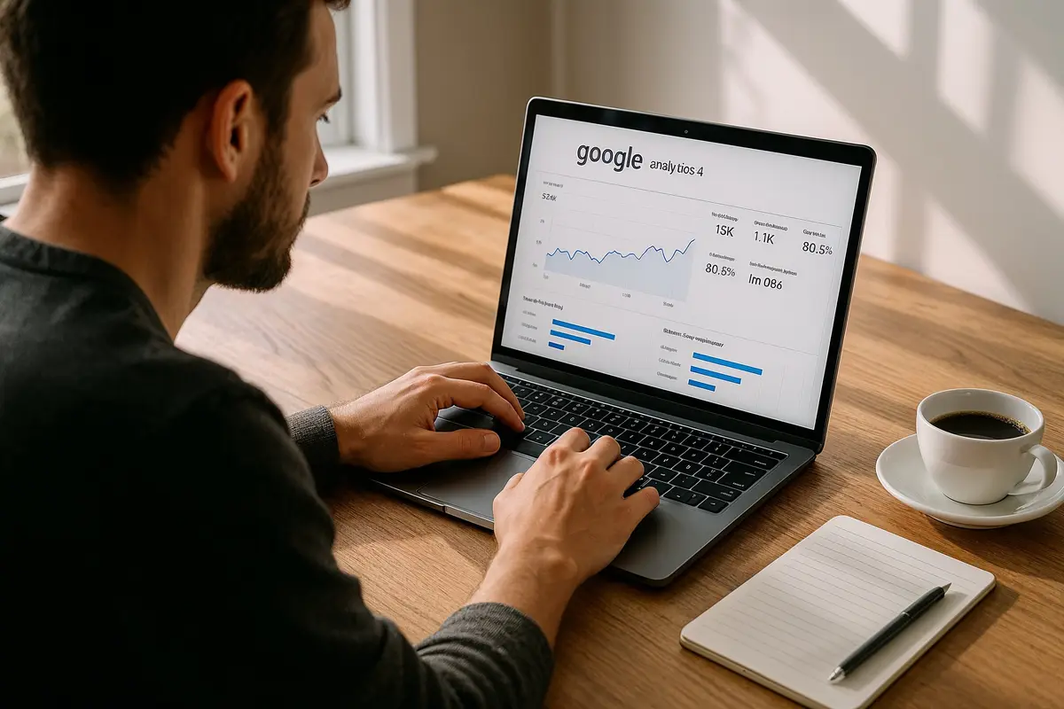 A blogger analyzing Google Analytics 4 data to determine how much traffic is needed for Mediavine eligibility