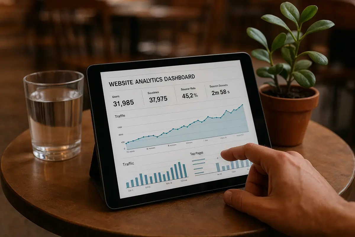 Realistic scene of a person checking website traffic on a mobile device to see if they meet Mediavine's requirements