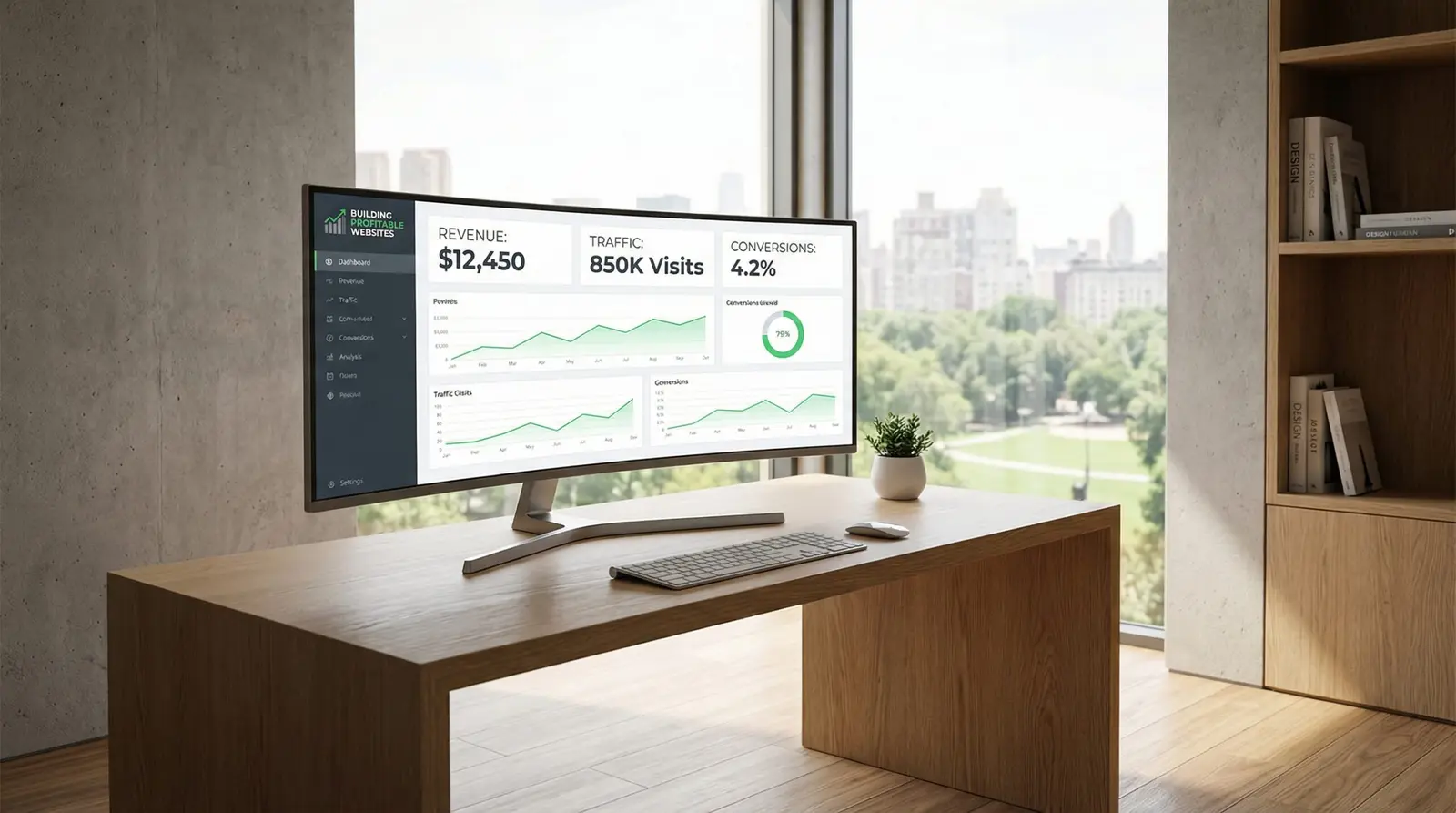 modern workspace with website monetization dashboard