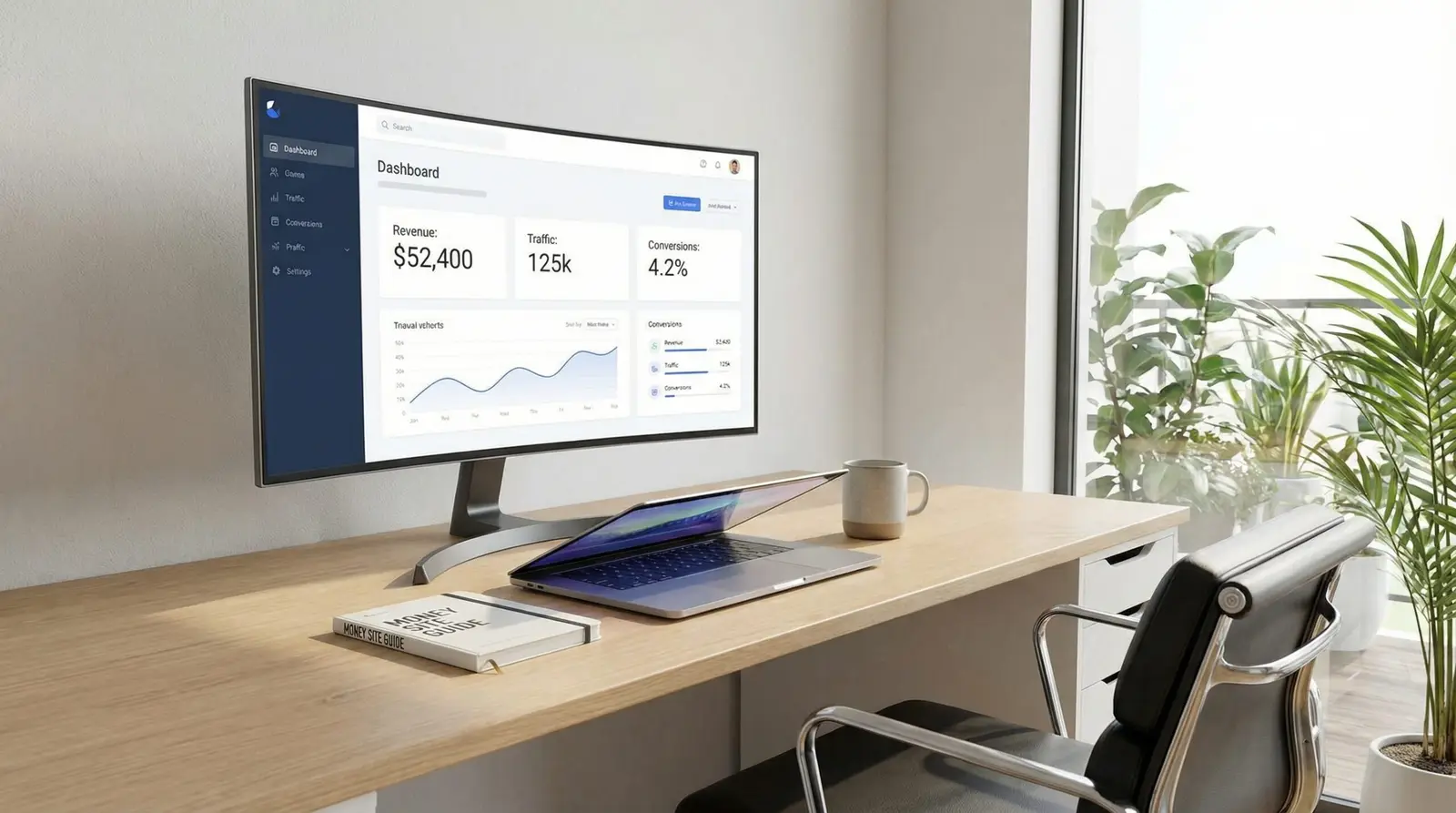 workspace with revenue dashboard for building money sites