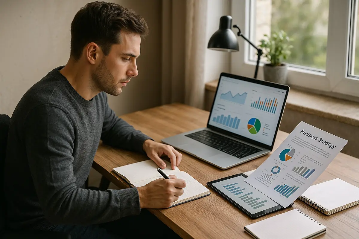 Person analyzing business data for building an online business