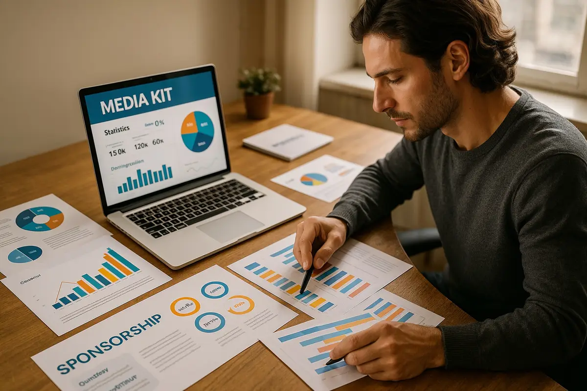 Professional workspace with media kit documents and analytics highlighting how to create a sponsorship media kit