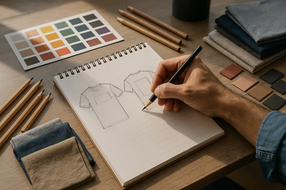 designer brainstorming how to design shirts that actually sell with sketchbook and fabric samples