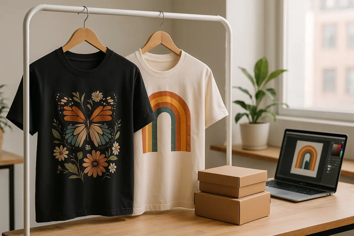 premium shirts with best selling designs displayed in studio for how to design shirts that actually sell