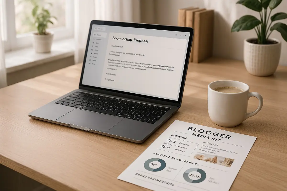 how to get sponsors for your blog   professional blogger's workspace with sponsorship proposal and media kit