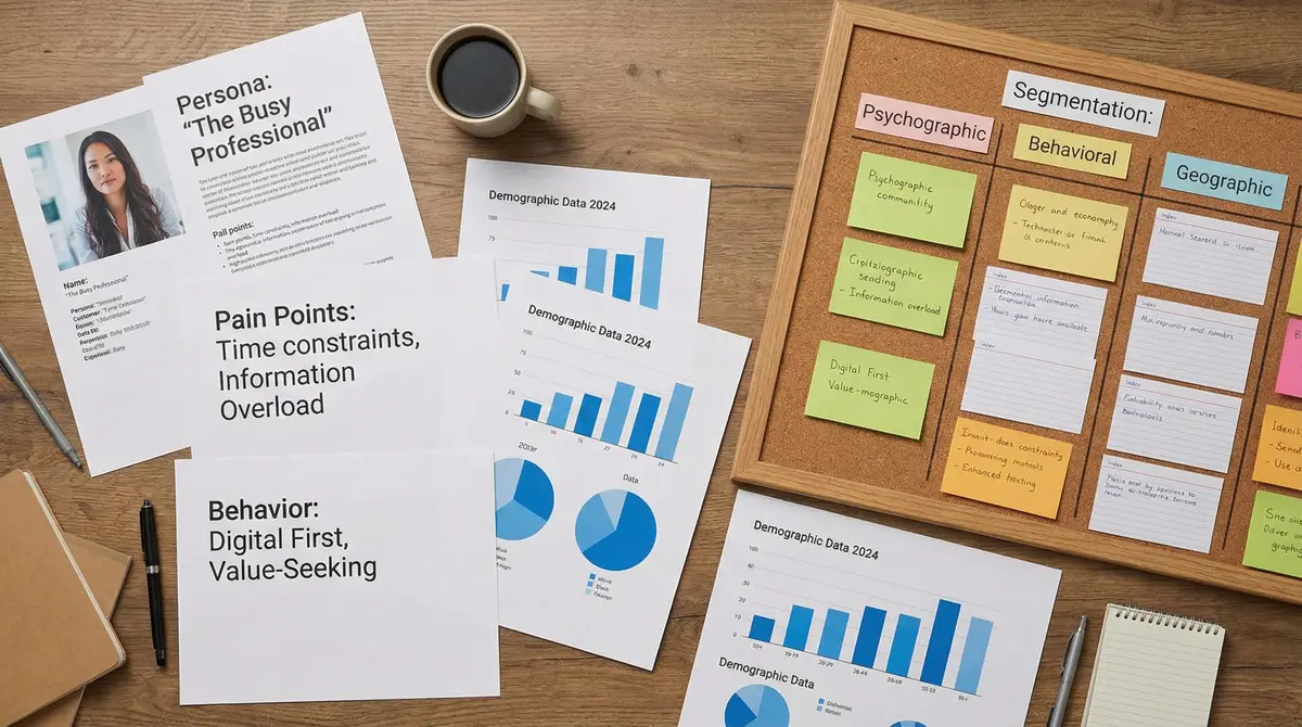 audience persona research board with demographic and behavior notes