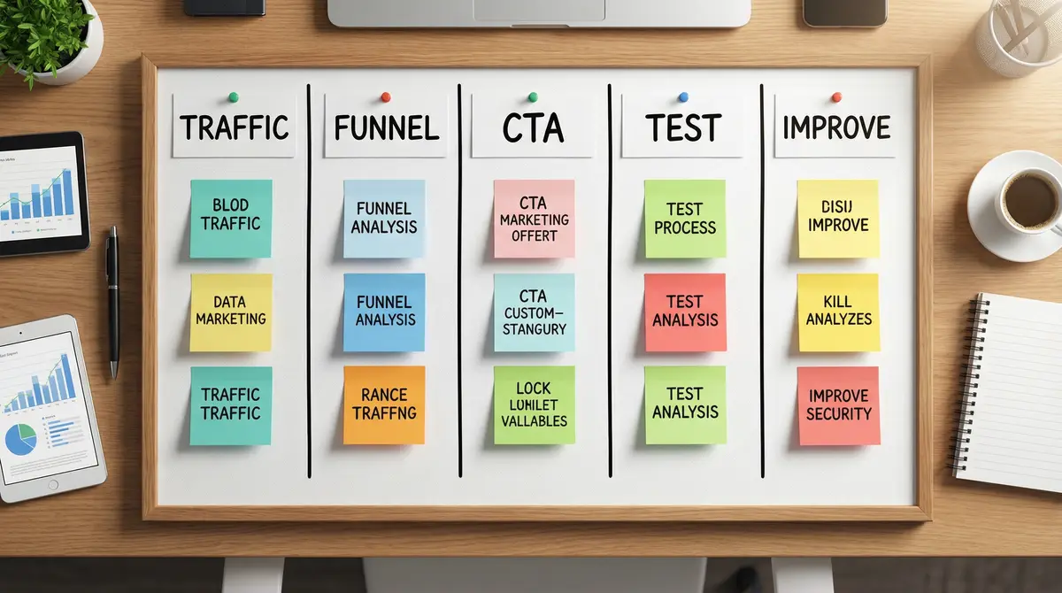 conversion optimization workflow board with steps and cta notes