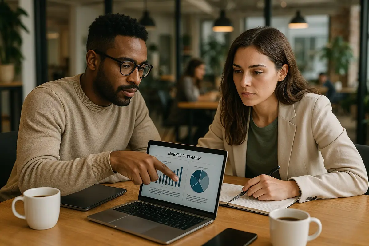 Two entrepreneurs discussing ideas for launching an online business in a modern workspace