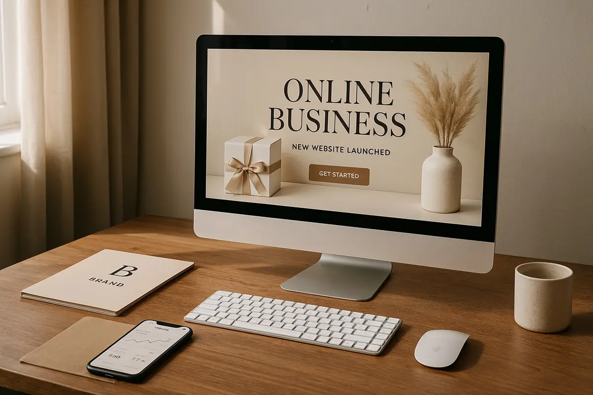 Professional workspace setup for launching an online business with website on screen