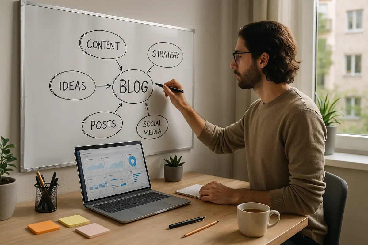 how to monetize a blog in 2025 blogger planning content strategy on whiteboard in modern home office