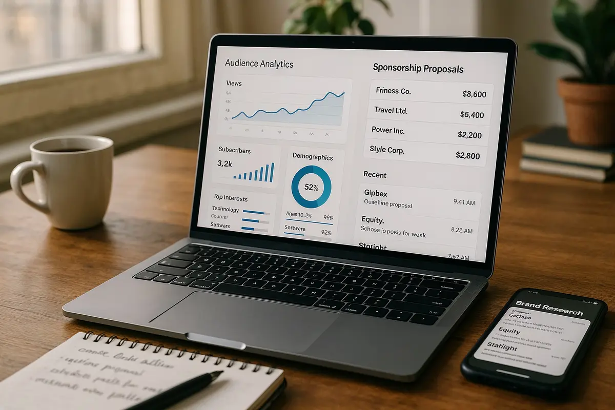Workspace setup with digital dashboard and research materials for how to pitch brands for sponsorship deals