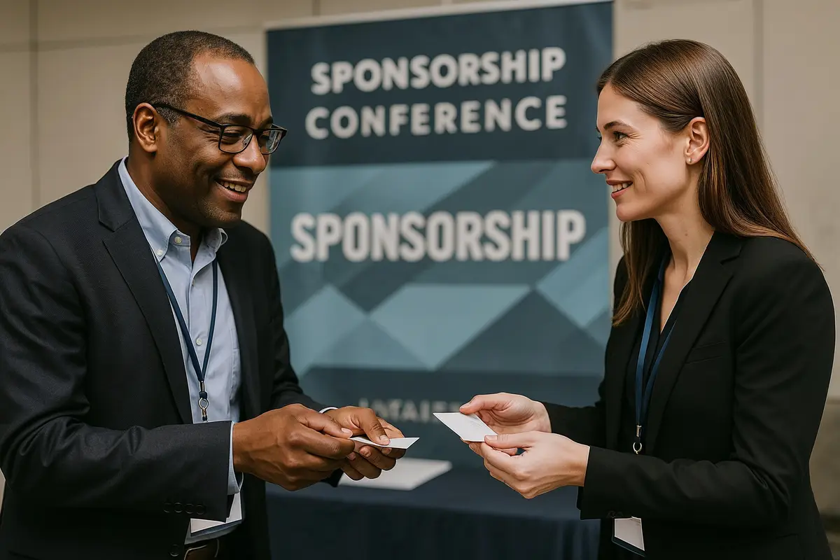 Realistic networking interaction at industry event demonstrating how to pitch brands for sponsorship deals