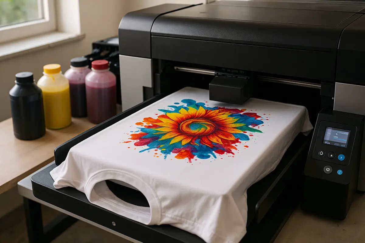 how to price dtg products for profit   DTG printer printing t shirt in professional workspace