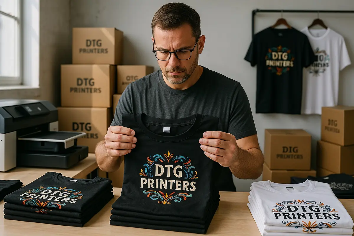 how to price dtg products for profit   business owner inspecting DTG printed shirts for quality