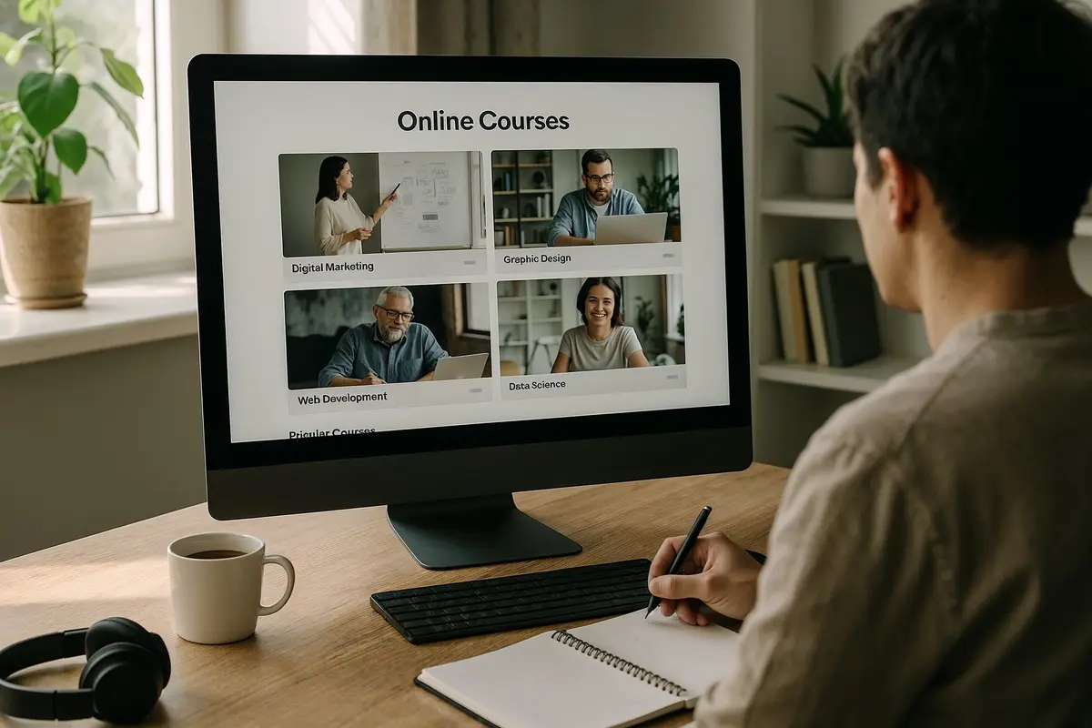 how to sell digital products on your website person reviewing digital course content in modern home office