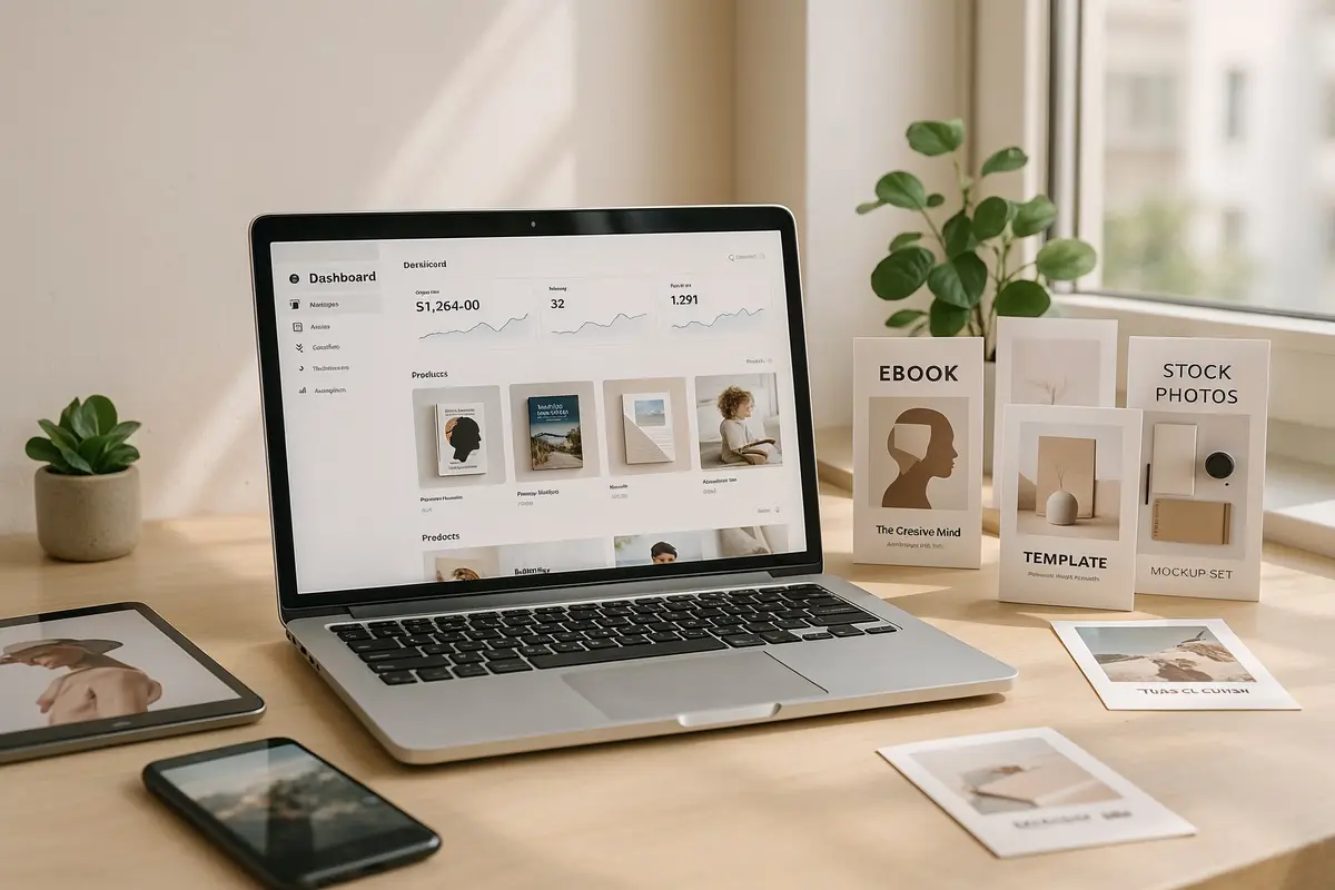 how to sell digital products on your website ecommerce admin dashboard with digital product previews in bright workspace