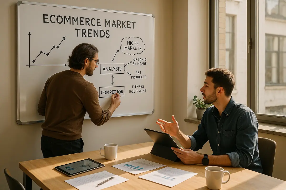 Entrepreneurs researching niche markets and competitors for starting an ecommerce business