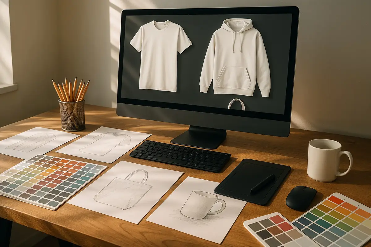 A creative designer's workspace showing tools and computer mockups for how to start a print on demand store with Shopify