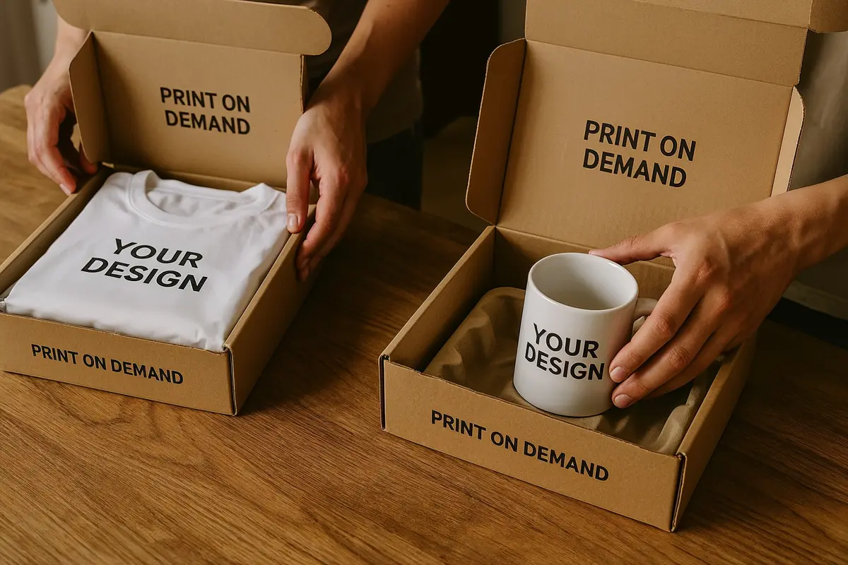 Hands packing branded print on demand products for shipping, illustrating how to start a print on demand store with Shopify