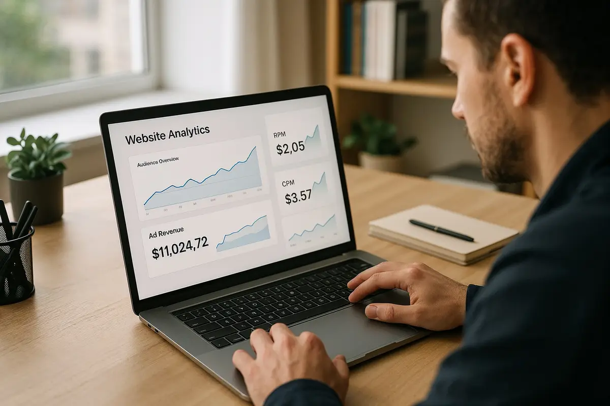 Publisher analyzing website analytics to increase RPM and CPM rates with ad networks