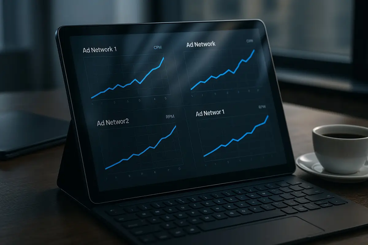 Digital dashboard displaying rising CPM and RPM trends with ad networks