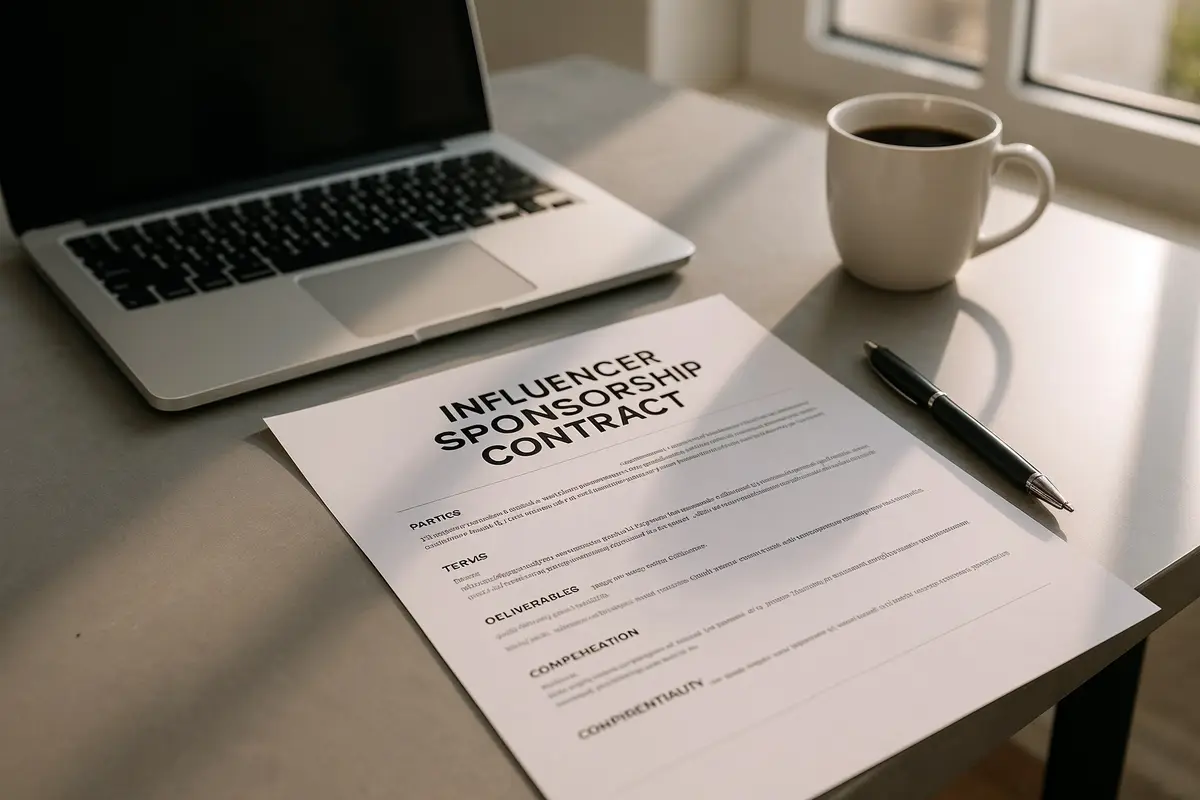workspace with influencer sponsorship contract templates on desk