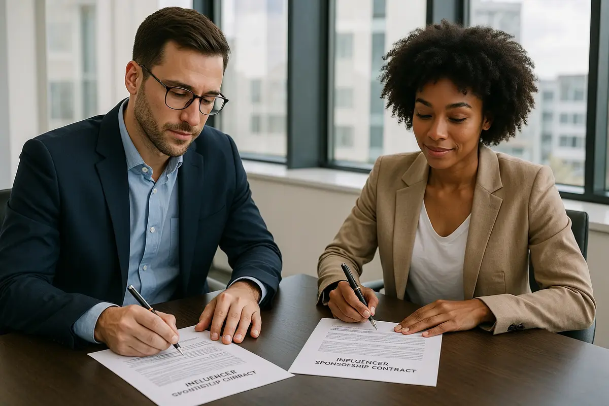 brand manager and influencer reviewing sponsorship contract templates