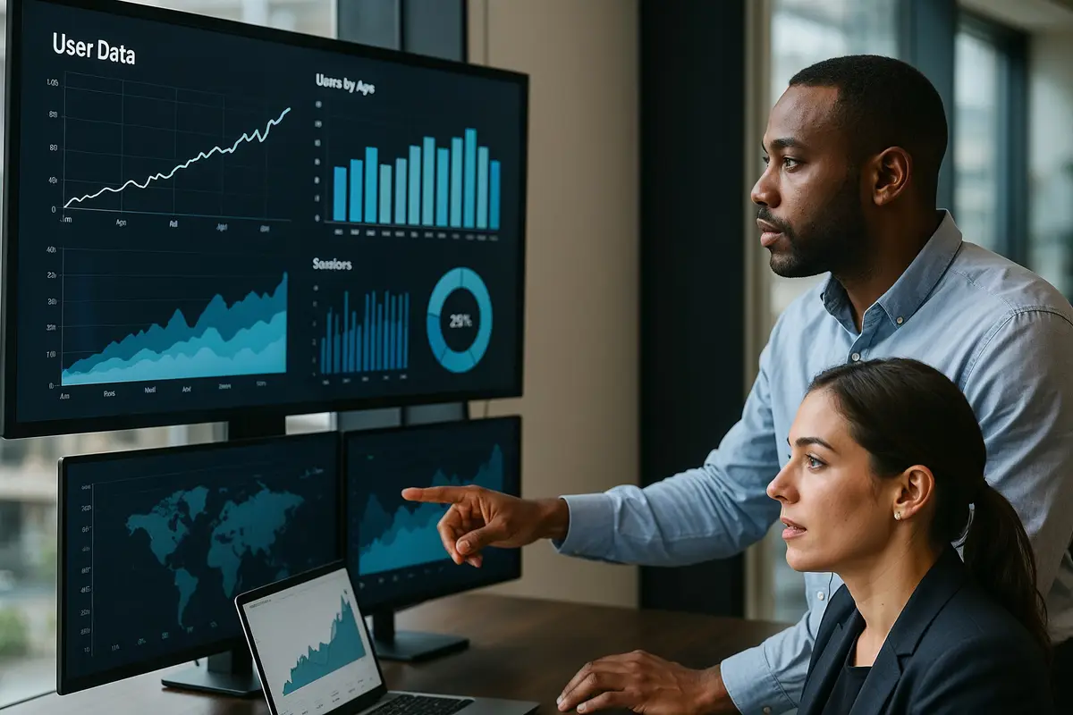 Two professionals analyzing user data visualizations, illustrating modern internet business models