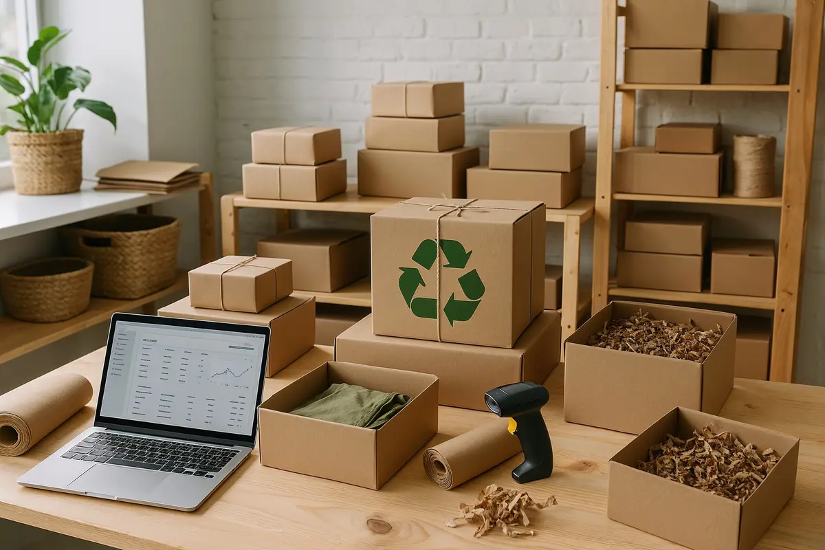 Eco friendly e commerce packaging area demonstrating sustainable internet business models