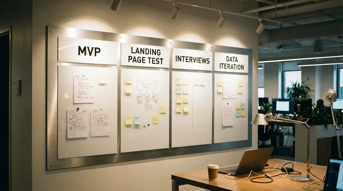 startup validation process board with mvp and data iteration