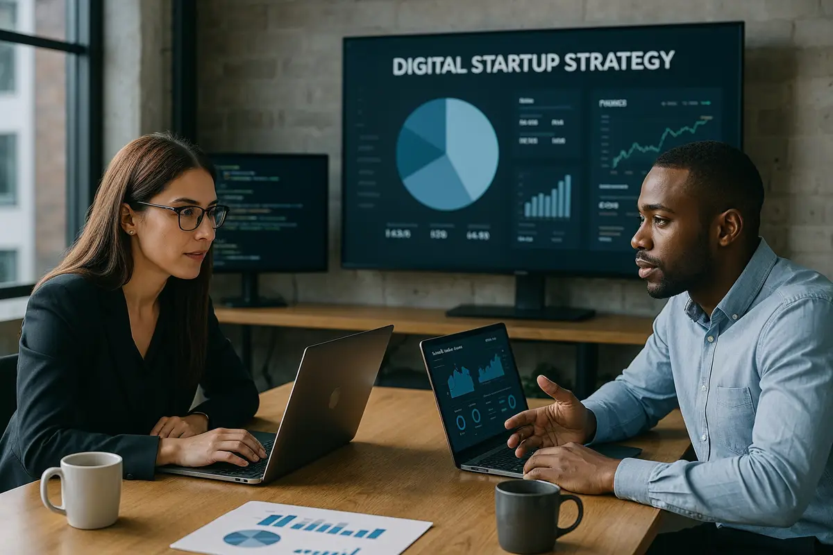 Two professionals collaborating on profitable internet startups in a modern office setting