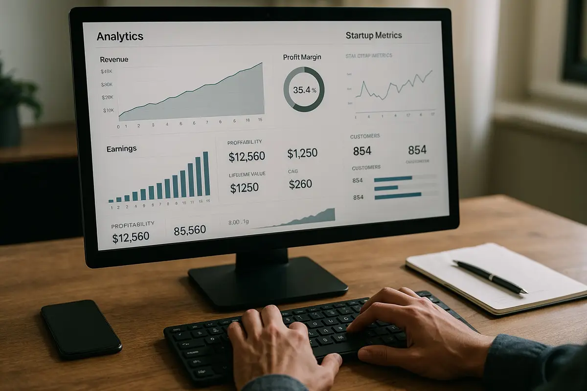 Monitoring profitability metrics for internet startups on a computer dashboard