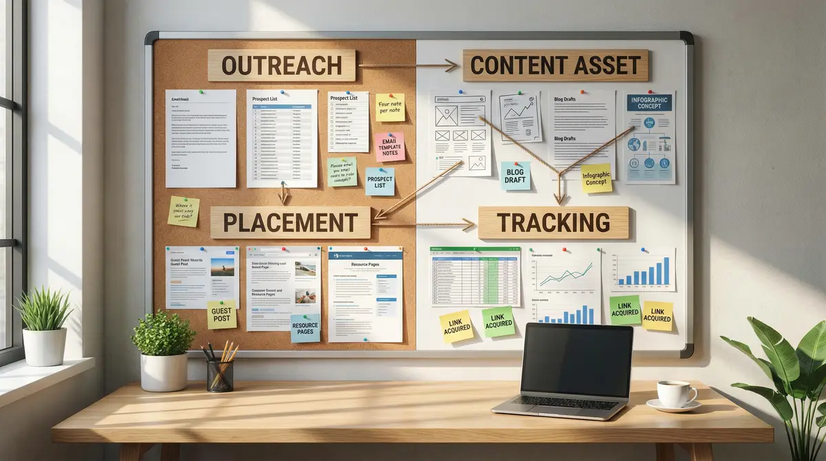 step by step link building workflow board outline