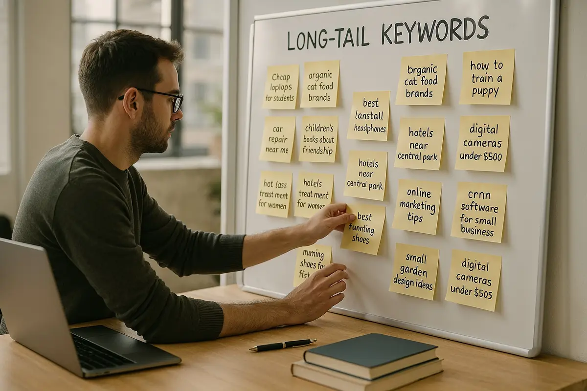 Person organizing long tail keyword research step by step on a whiteboard in a modern office