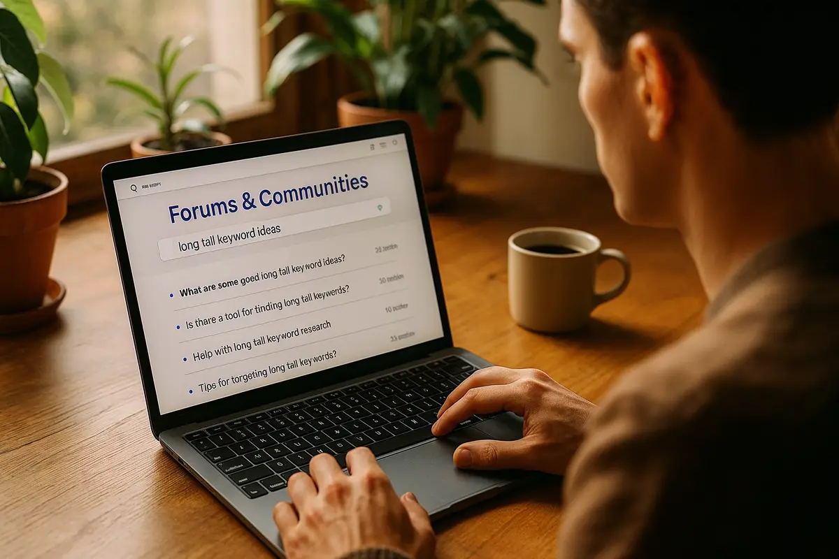 Researcher exploring online communities for long tail keyword research step by step at a cozy desk