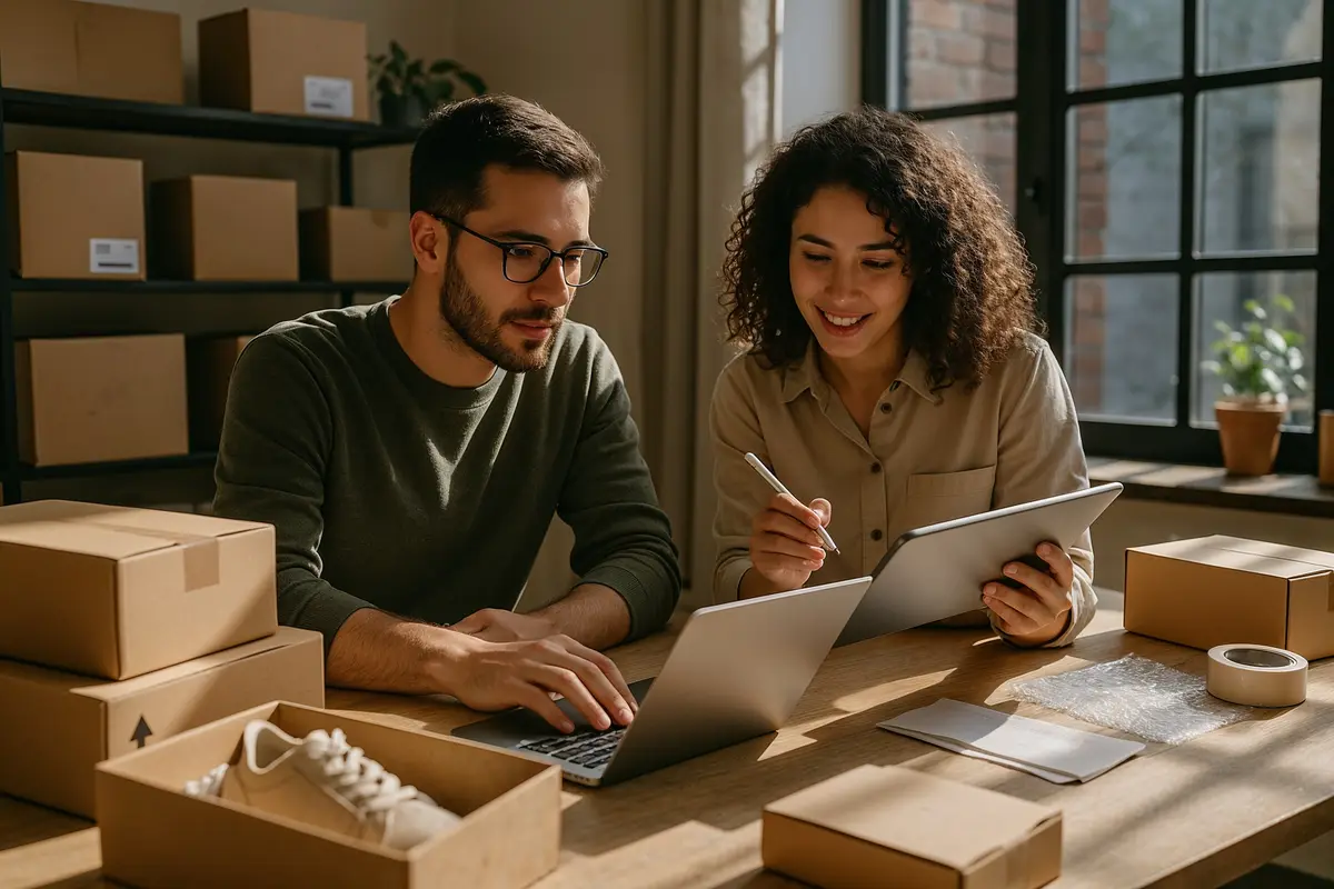 make money with online startups   entrepreneurs collaborating in a modern workspace with eCommerce materials