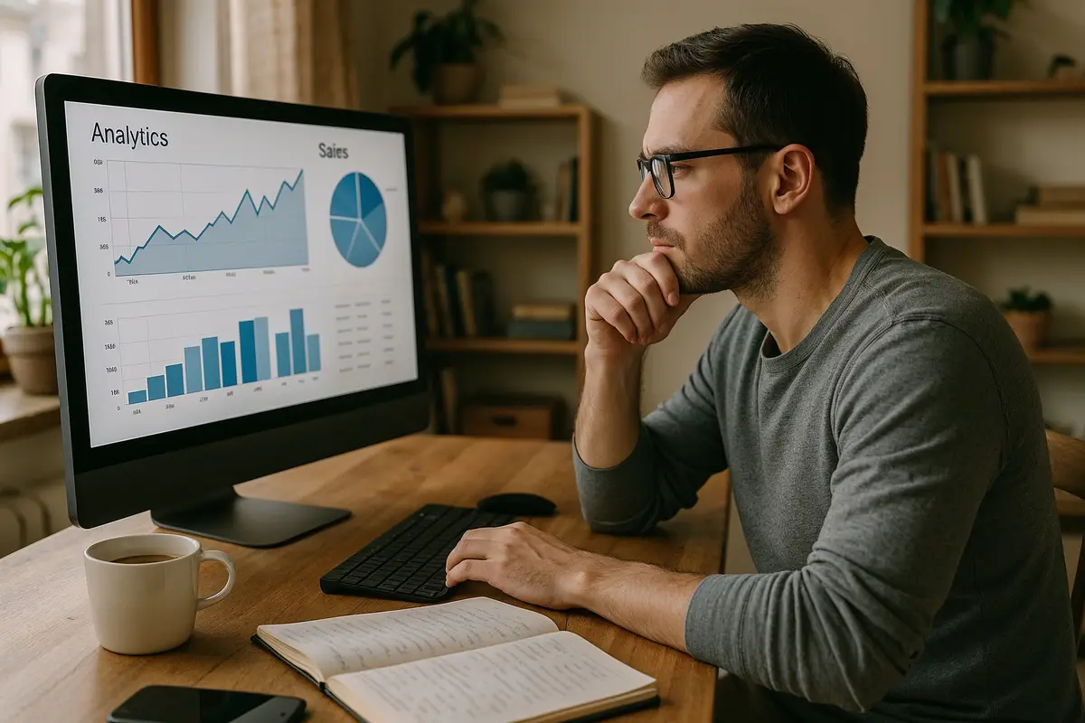 make money with online startups   solo entrepreneur analyzing online business data at home