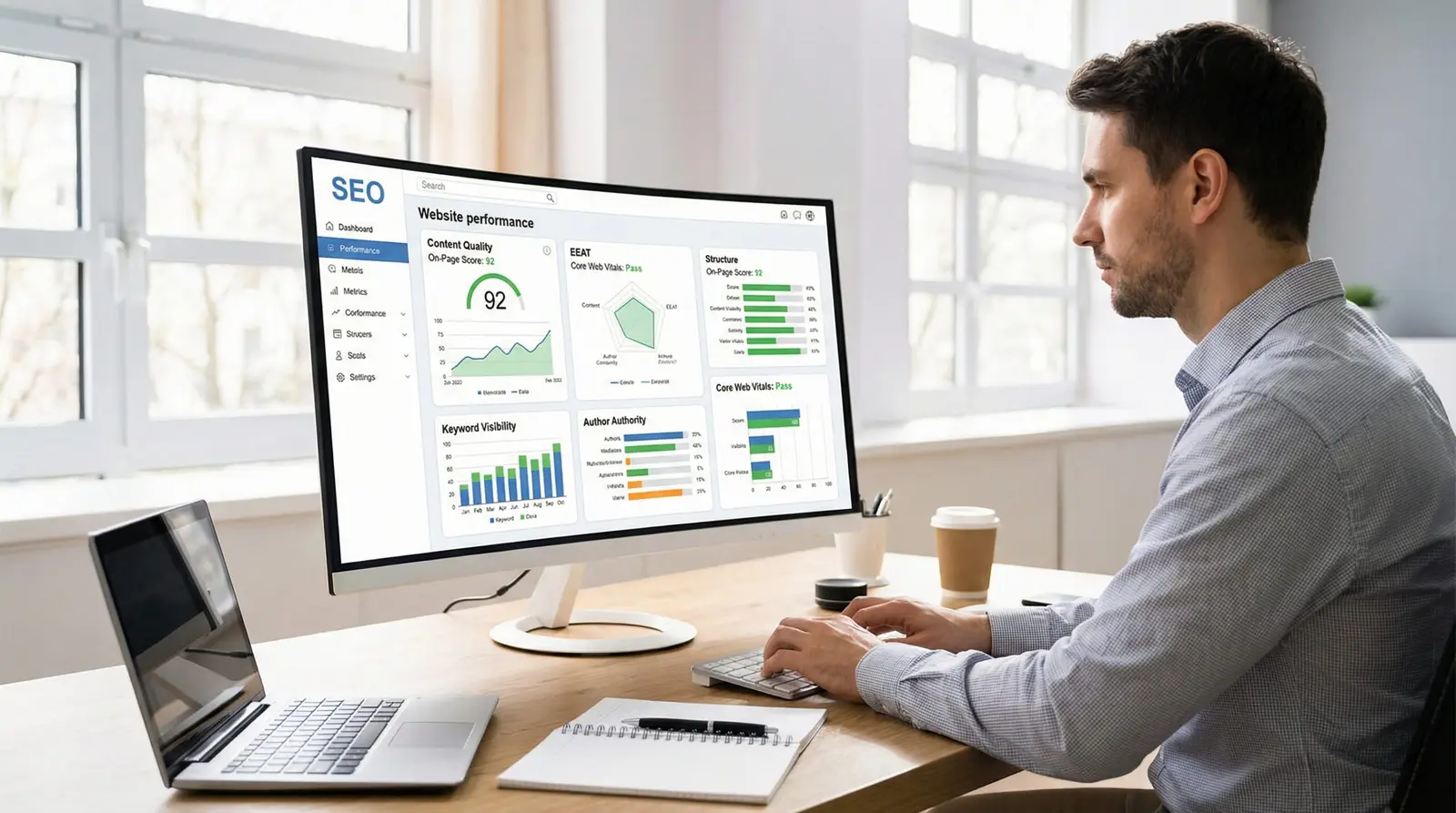 seo strategist reviewing website performance dashboard