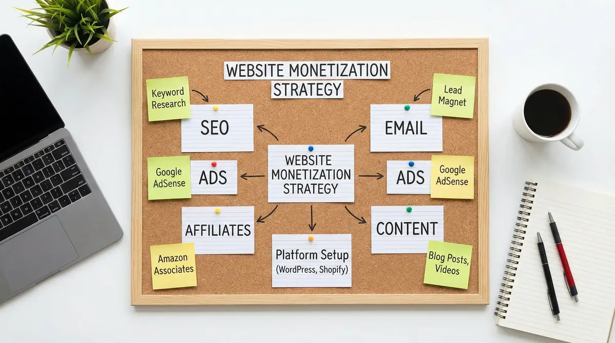 website monetization blueprint board seo ads affiliate flow