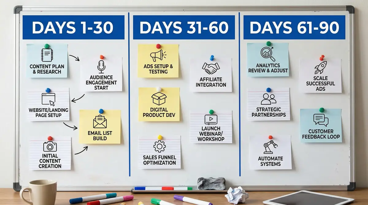 90 day monetization workflow board three phase plan