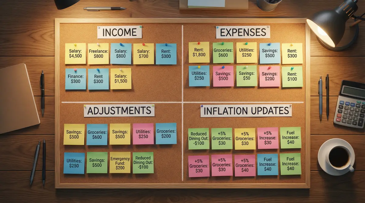 zero based budget board with income expenses and adjustments