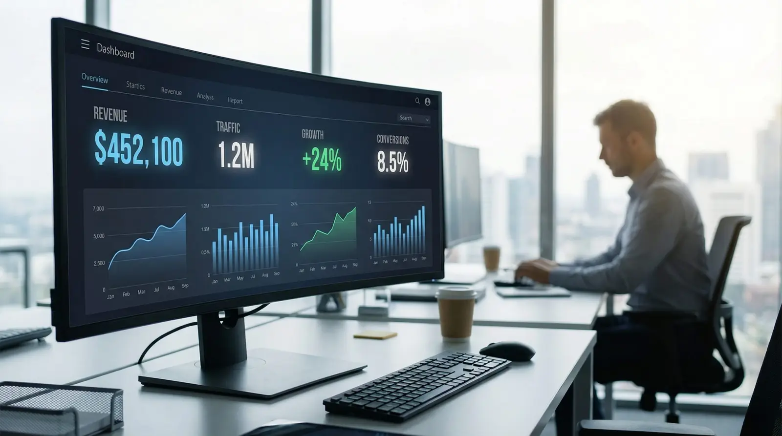digital entrepreneur dashboard with revenue and traffic growth