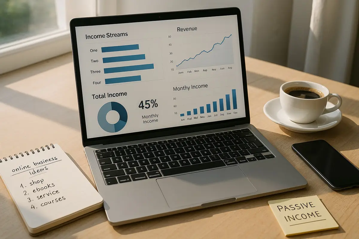 workspace with tools for managing online income streams