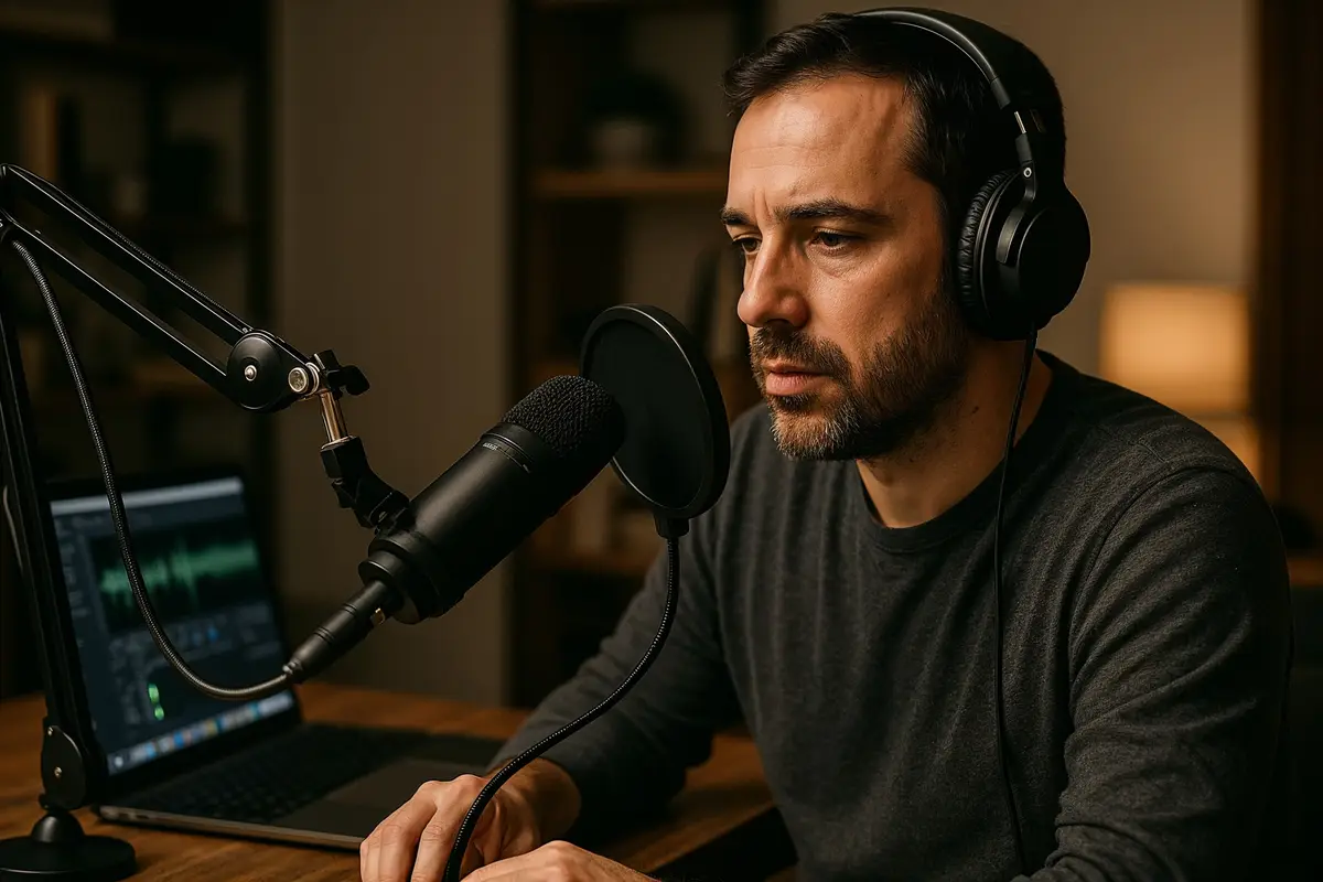 podcaster monetizing online income streams in professional home studio