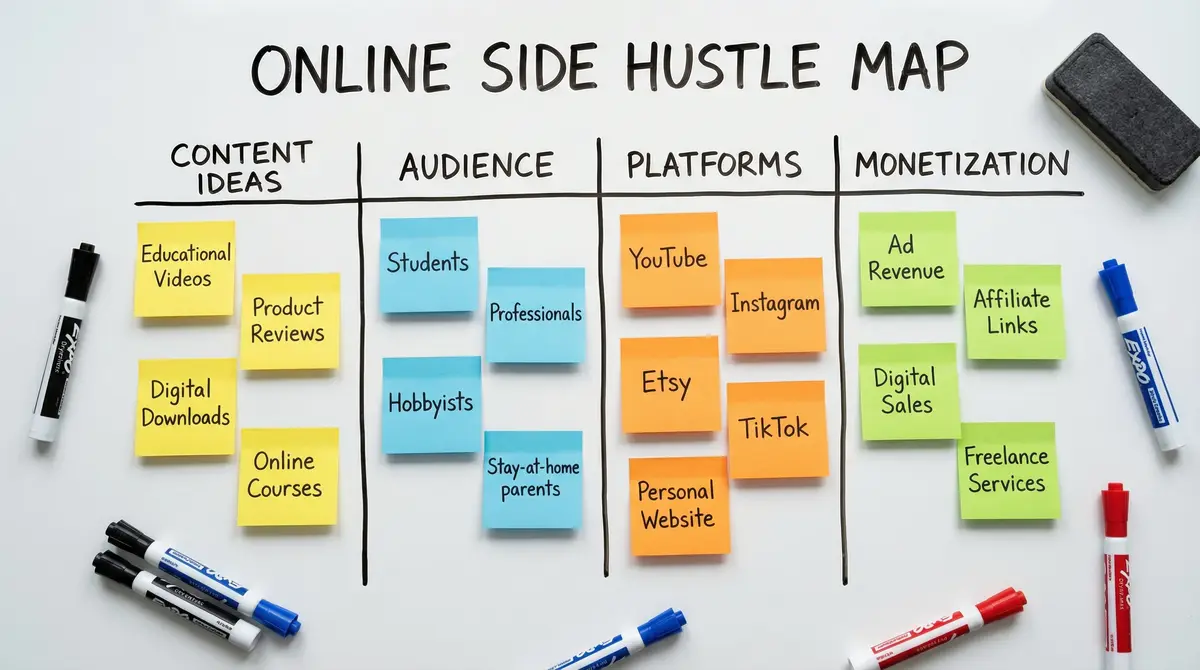 online side hustle strategy whiteboard