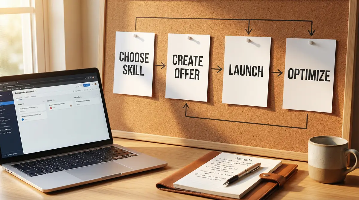 online side hustle steps workflow board