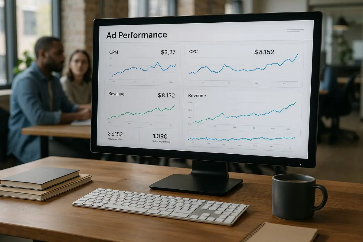 Hyper realistic workspace showing ad performance metrics for how to optimize ad placements for revenue